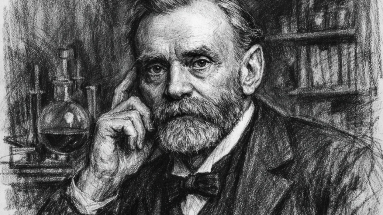 Portret Alfreda Nobela u ugalj stilu, crno-bijeli izraziti portret znanstvenika s ozbiljnim pogledom.