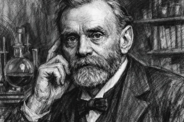 Portret Alfreda Nobela u ugalj stilu, crno-bijeli izraziti portret znanstvenika s ozbiljnim pogledom.