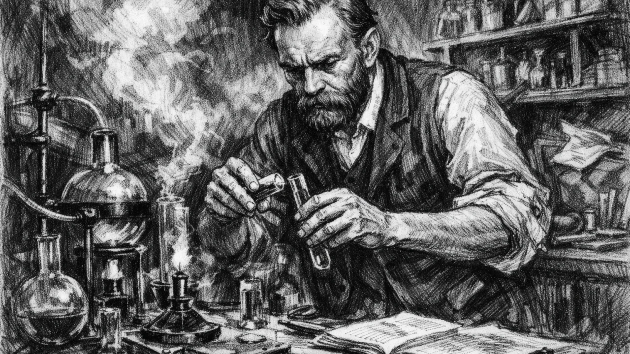 Alfred Nobel tijekom eksperimentiranja s nitroglicerinom, dramatična scena u ugalj stilu.