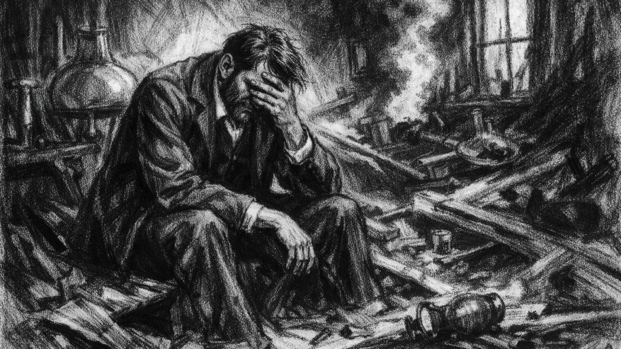 Alfred Nobel nakon tragične eksplozije iz 1864. godine, emotivni prikaz u ugalj stilu.