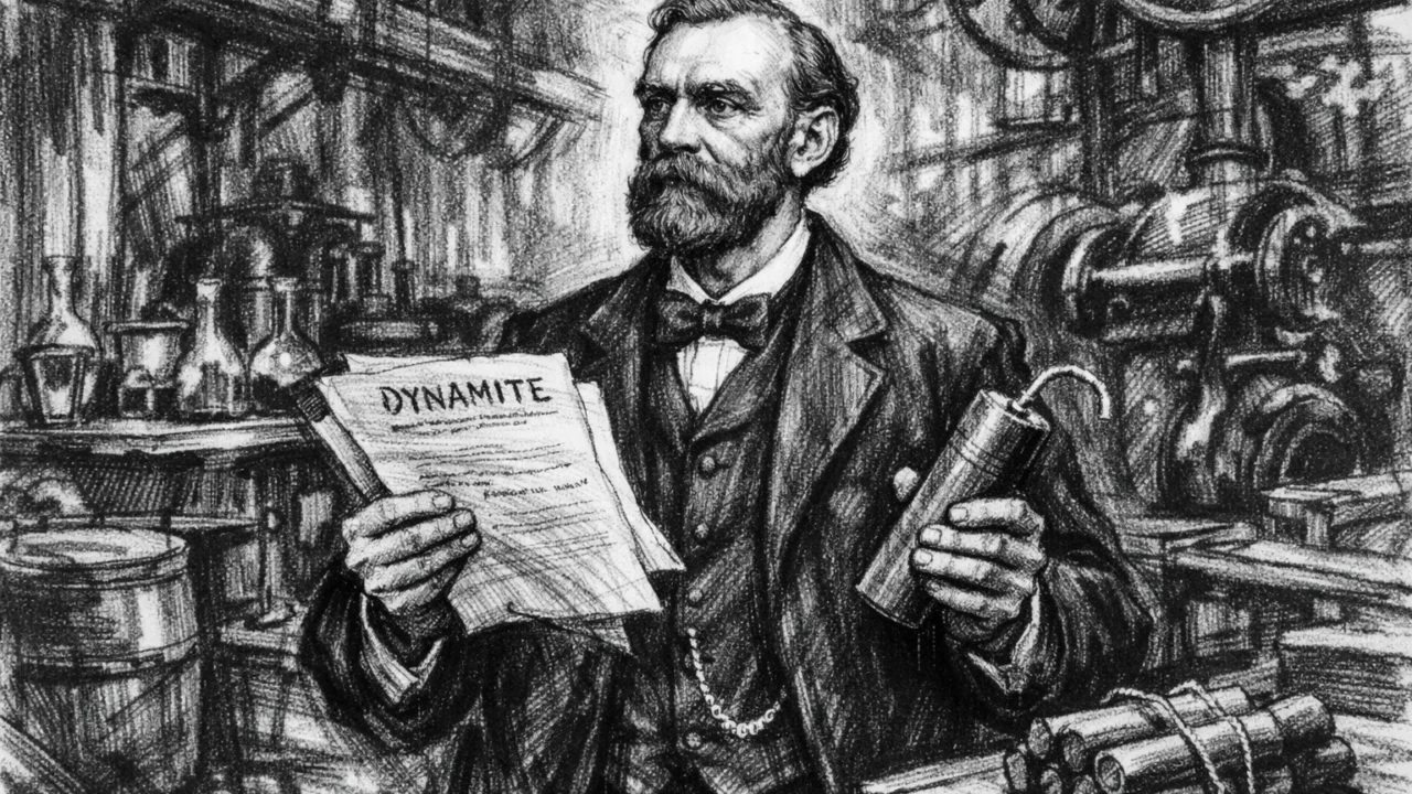 Alfred Nobel predstavlja izum dinamita u industrijskom okruženju, ilustracija u ugalj stilu.