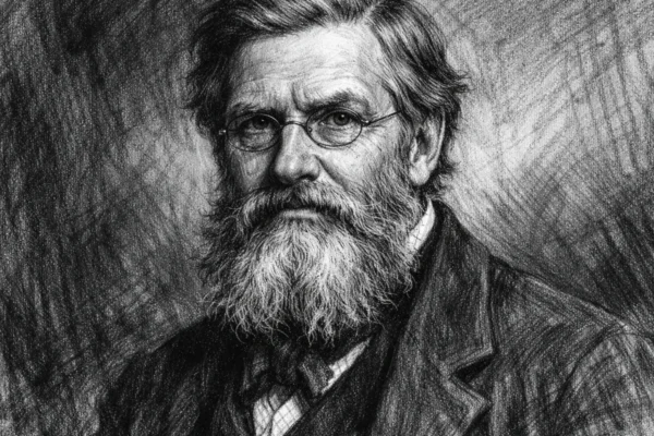 Portret Alfreda Russela Wallacea u realističnom ugalj stilu, crno-bijeli portret znanstvenika s izražajnim linijama.
