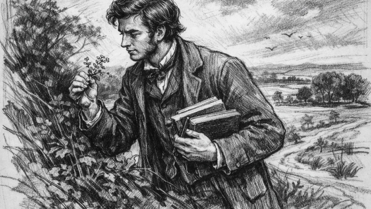 Mladi Alfred Russel Wallace kako u ranoj mladosti proučava prirodu, prikazan u ugalj stilu s naglašenim kontrastom.