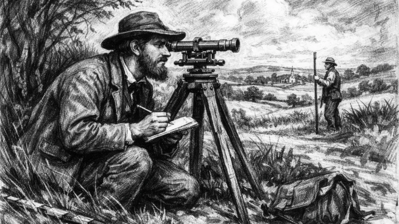 Alfred Russel Wallace kao geodetski pomoćnik na terenu, prikazan u ugalj stilu s izraženim linijama.
