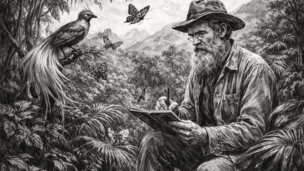 Alfred Russel Wallace tijekom istraživanja Malajskog arhipelaga, znanstvena scena u ugalj stilu.