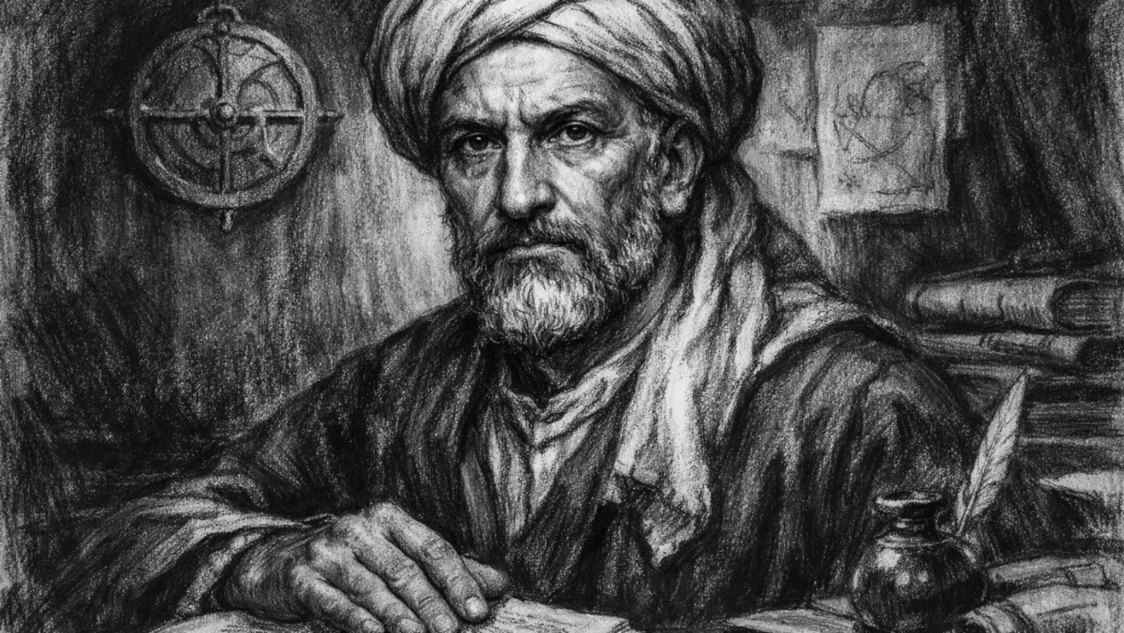 Portret Alhazena (Ibn al-Haythama) prikazan u ugalj stilu, crno-bijela visokog kontrasta, naglašene ekspresivne linije
