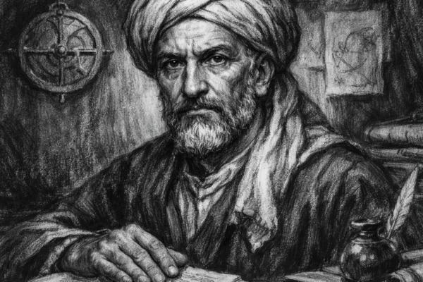 Portret Alhazena (Ibn al-Haythama) prikazan u ugalj stilu, crno-bijela visokog kontrasta, naglašene ekspresivne linije