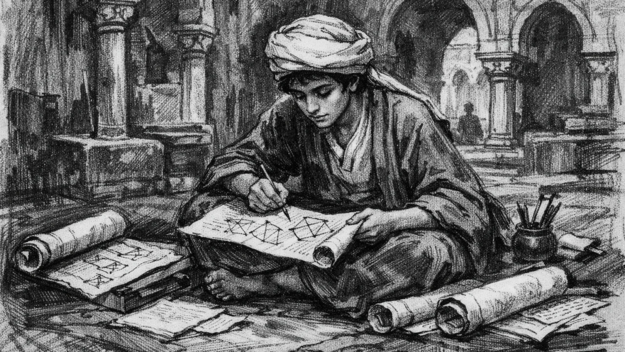 Mladi Alhazen u Basri tijekom školovanja, okružen svicima i geometrijom, prikazano u ugalj stilu