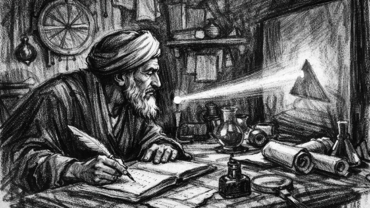 Prikaz Alhazena kako opaža prirodne pojave i zapisuje zaključke, ilustracija u ugalj stilu