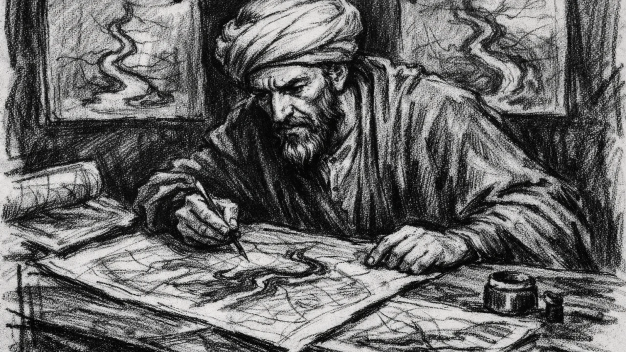 Alhazen razmatra regulaciju toka Nila, povijesna scena u ugalj stilu s izraženim sjenama