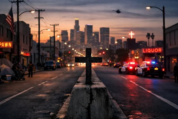 Široki kadar Los Angelesa koji simbolizira društvene podjele i atmosferu filma American History X