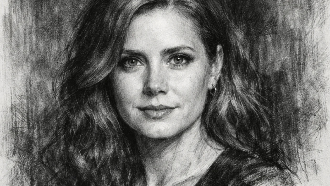 Portret glumice Amy Adams u realističnom crno-bijelom crtežu u uglaj stilu, s naglašenim kontrastima i izražajnim linijama.