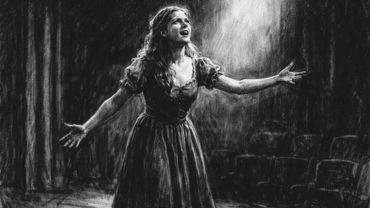 Amy Adams na kazališnoj pozornici u ranim danima karijere, prikazana u izrazitom crno-bijelom uglaj stilu.