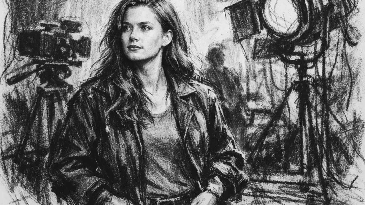 Amy Adams na filmskom setu tijekom ranog razdoblja karijere, ilustrirana u dramatičnom crno-bijelom uglaj stilu.