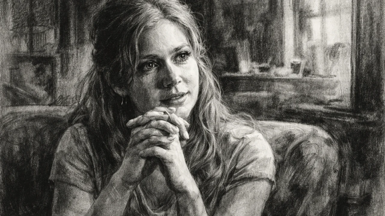 Emotivni prikaz Amy Adams u razdoblju njezina glumačkog proboja, izveden u detaljnom crno-bijelom uglaj stilu.