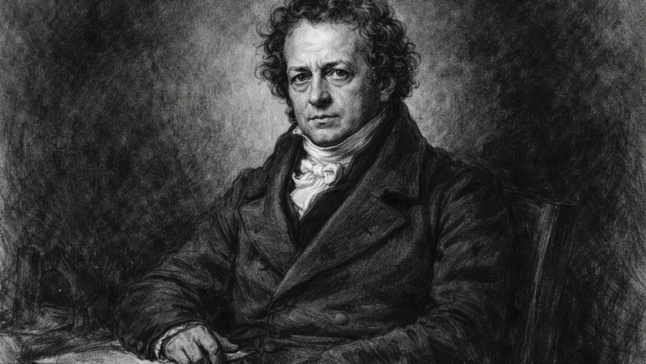 Portret André-Marie Ampèrea u realiziranom ugljenom stilu, snažan crno-bijeli ugalj stil s naglašenim kontrastima.