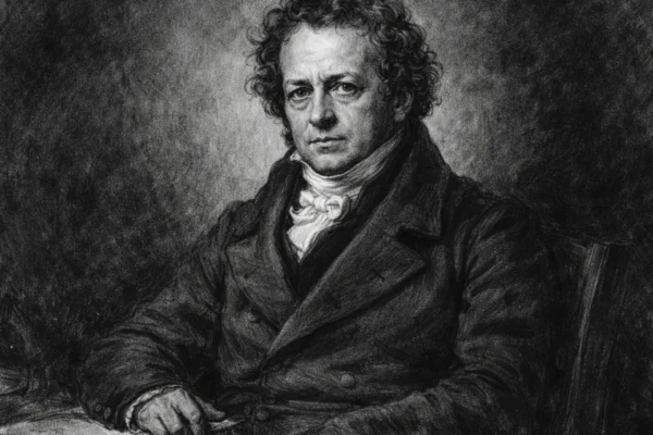 Portret André-Marie Ampèrea u realiziranom ugljenom stilu, snažan crno-bijeli ugalj stil s naglašenim kontrastima.