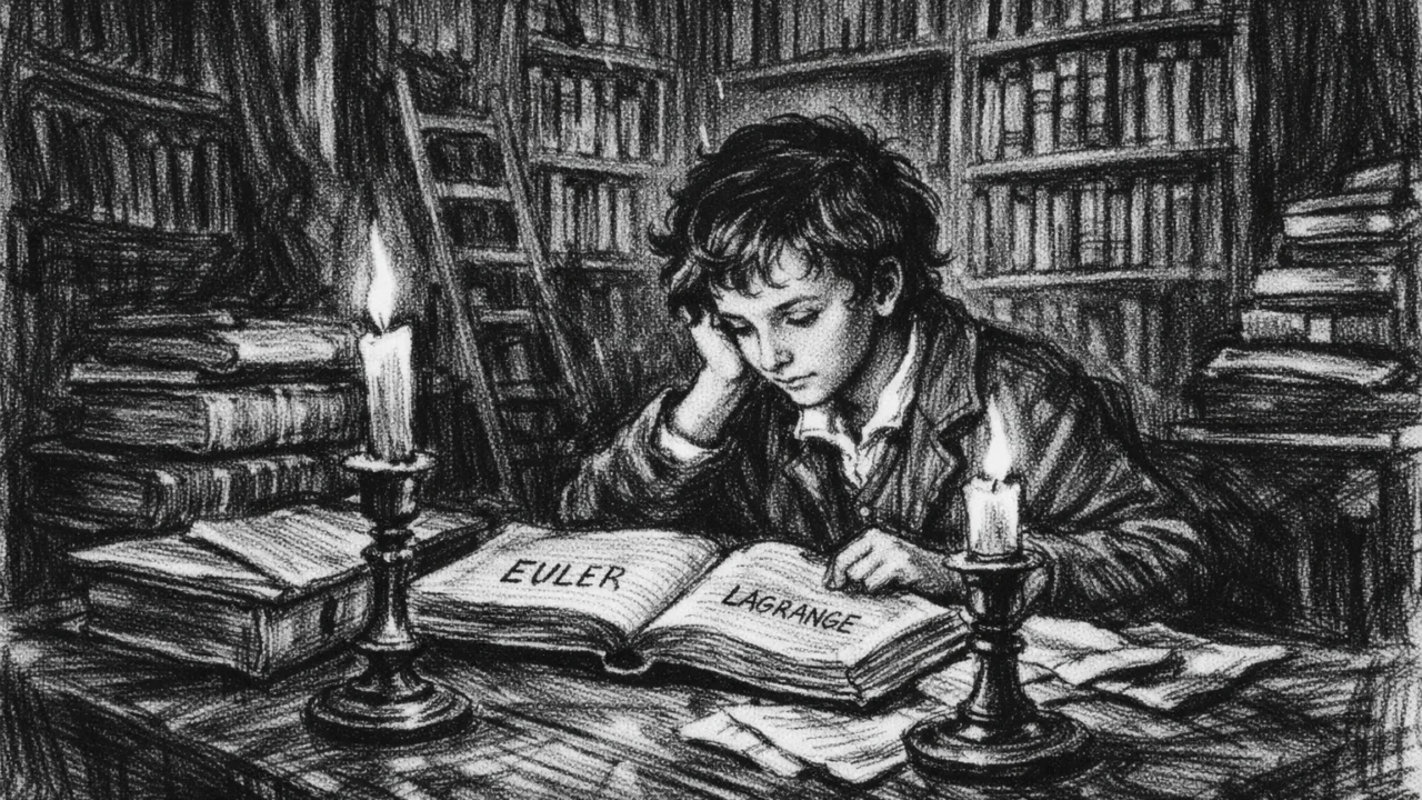 Mladi André-Marie Ampère kako uči u kućnoj knjižnici, prikazano u ugalj stilu s izraženim linijama.