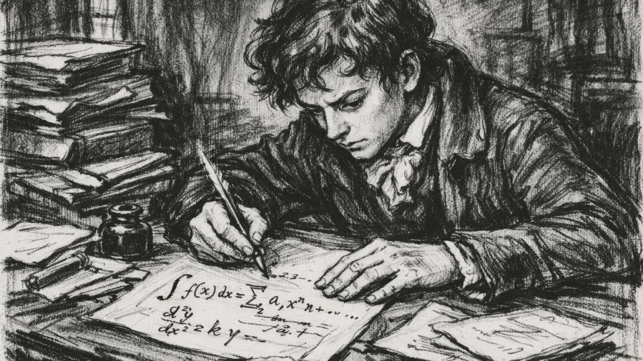 André-Marie Ampère kao mladi matematičar za stolom, nacrtan u dramatičnom ugalj stilu.