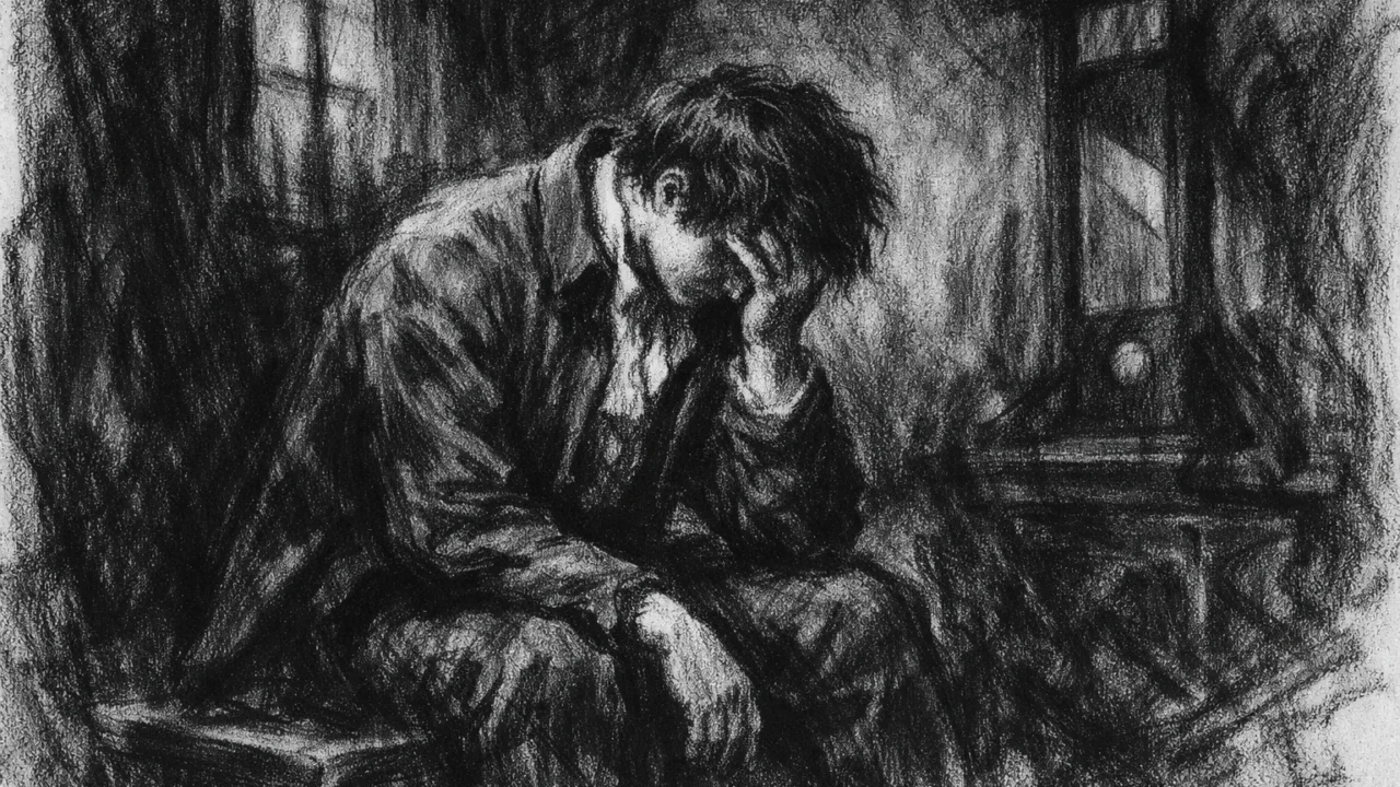 Emotivna scena André-Marie Ampèrea nakon obiteljske tragedije, prikazana u snažnom ugalj stilu.