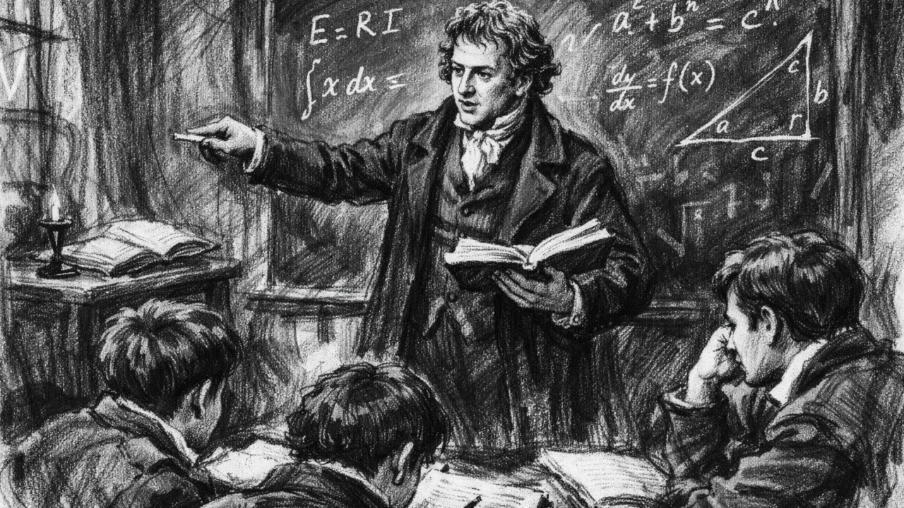 André-Marie Ampère kao učitelj matematike, ilustriran u klasičnom ugalj stilu.