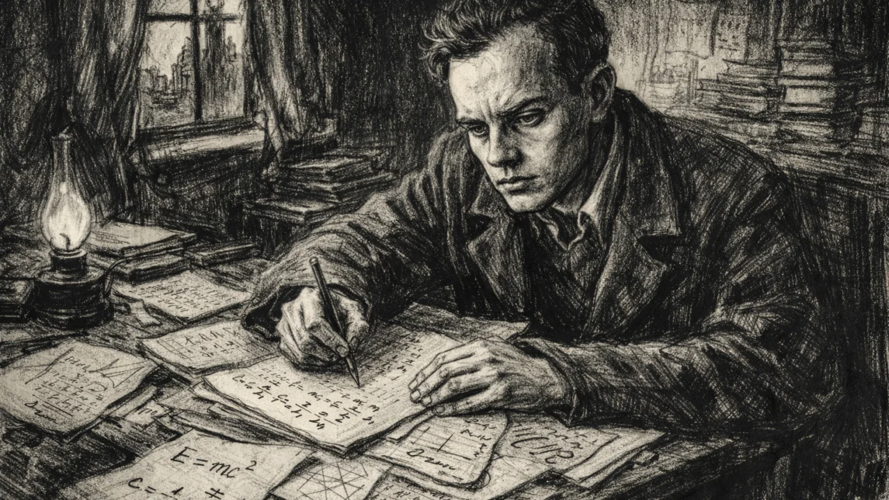 Student Andrej Saharov tijekom Drugog svjetskog rata, prikazan u ugalj stil crno-bijelom crtežu.