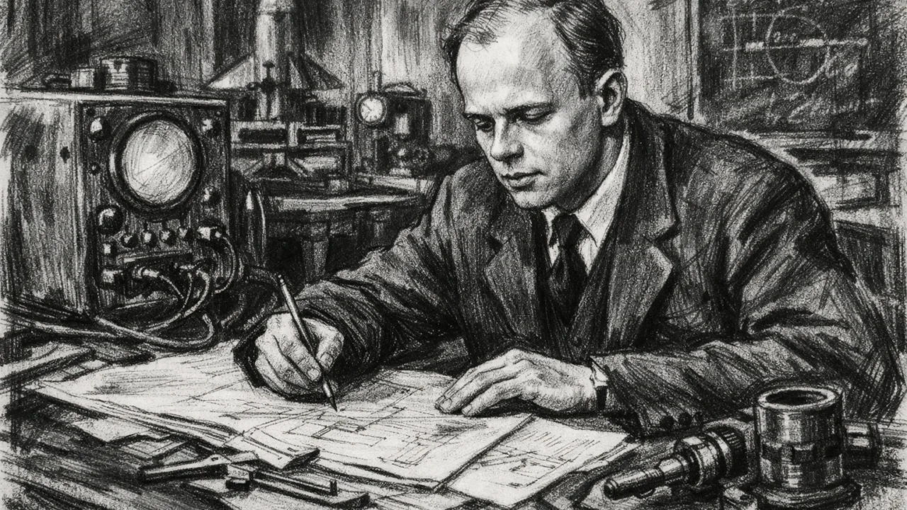 Andrej Saharov u ranom znanstvenom radu u laboratoriju, prikaz u ugalj stil tehnici.