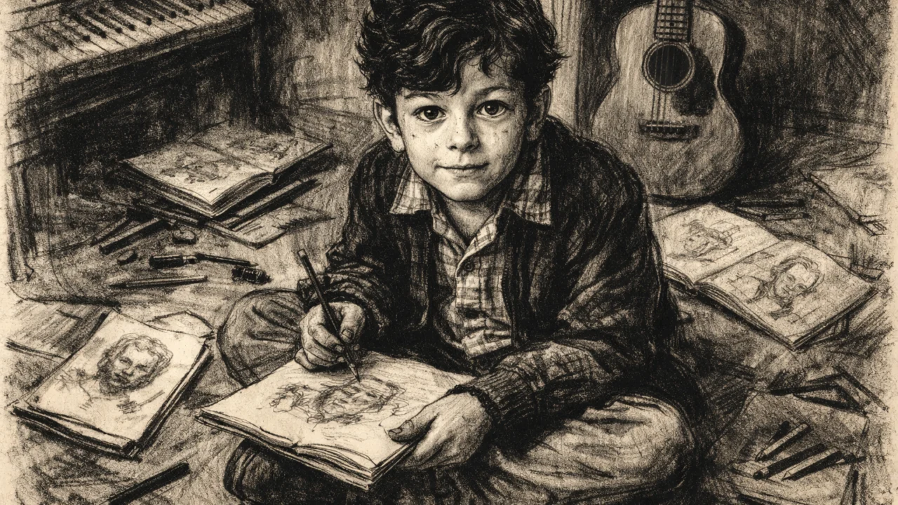 Rani život Andyja Serkisa prikazan u ugalj stilu, dječak okružen crtanjem i umjetnošću.