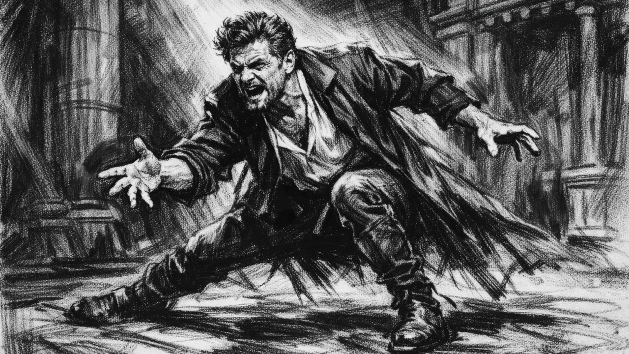 Kazališna scena Andyja Serkisa u ugalj stilu, prikaz snažne tjelesne glume na pozornici.