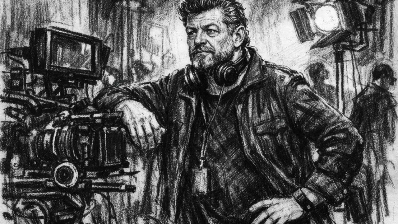 Zrelija faza karijere Andyja Serkisa na filmskom setu, prikazana u ugalj stilu.