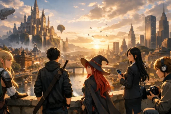 Široki kadar anime filma koji prikazuje raznolike teme i stilove, simbol globalne popularnosti anime filmova