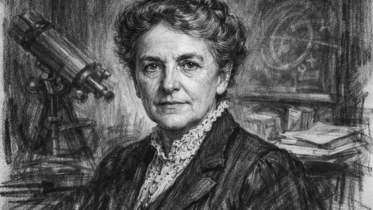 Portret Annie Jump Cannon u ugalj stilu, crno-bijeli visokog kontrasta, znanstvenica s izražajnim linijama i ozbiljnim pogledom