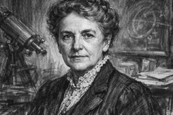 Portret Annie Jump Cannon u ugalj stilu, crno-bijeli visokog kontrasta, znanstvenica s izražajnim linijama i ozbiljnim pogledom