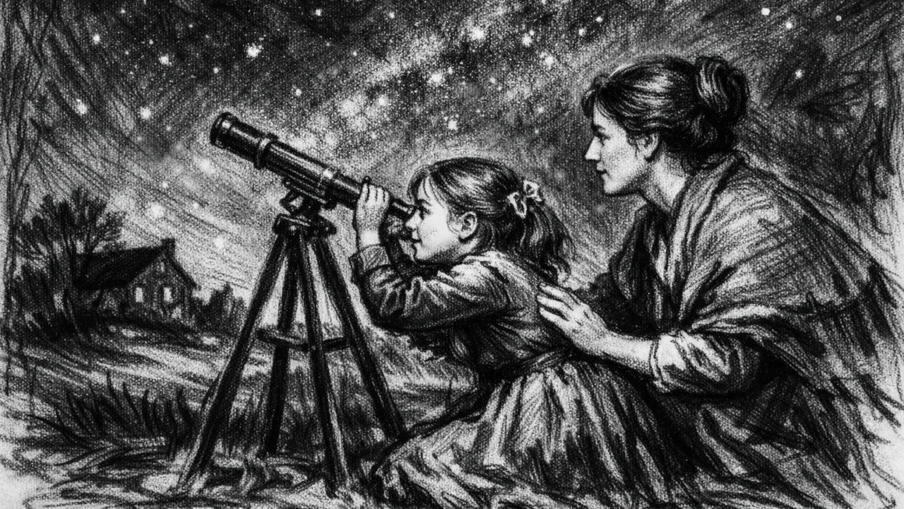 Djetinjstvo Annie Jump Cannon kako promatra zvijezde s majkom, prikazano u ugalj stilu s noćnim nebom i snažnim kontrastom