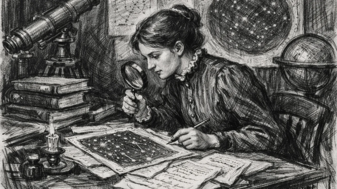 Annie Jump Cannon tijekom studija na Wellesley Collegeu, rad za stolom sa zvjezdanim kartama u ugalj stilu