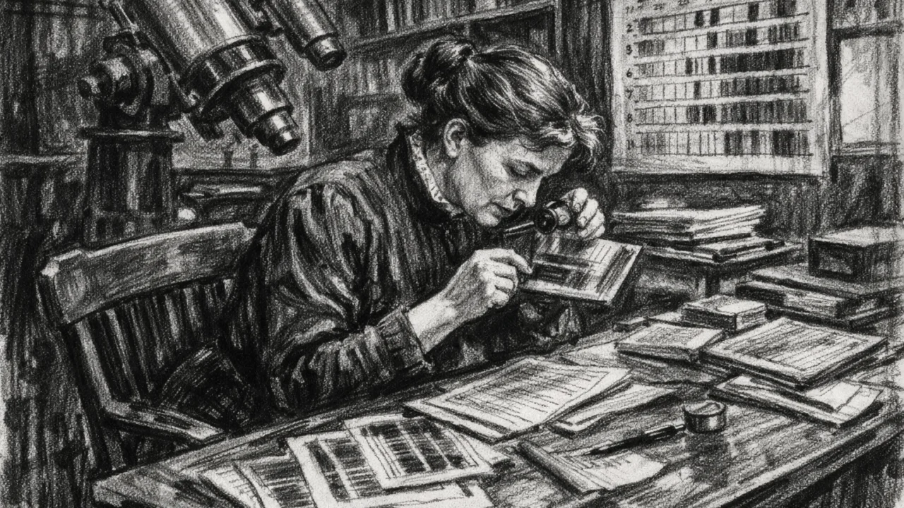 Annie Jump Cannon u Harvard College Observatoryju kako analizira zvjezdane spektre, prikaz u ugalj stilu