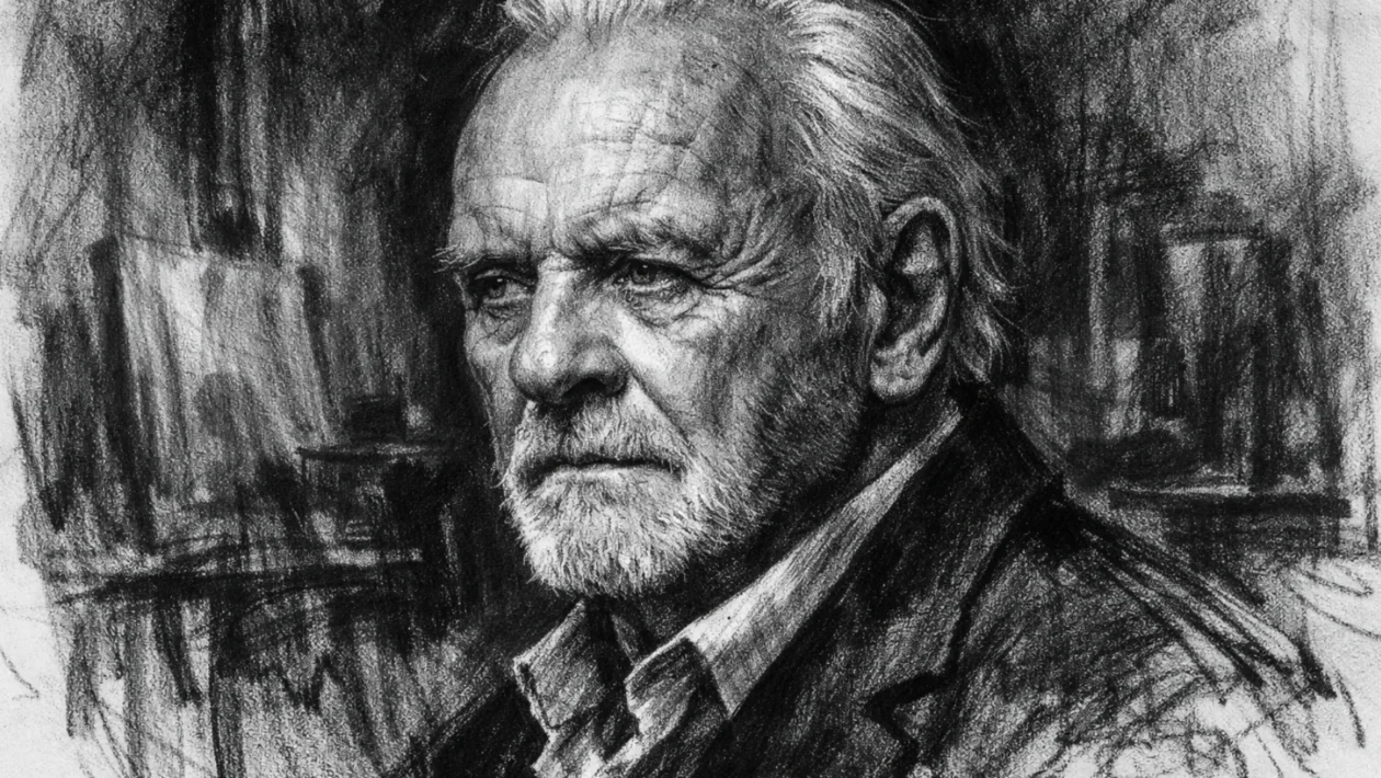 Portret Anthonyja Hopkinsa u ugalj stilu, crno-bijeli izrazito kontrastan portret s naglašenim crtama lica.