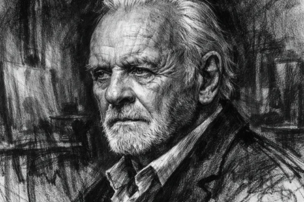 Portret Anthonyja Hopkinsa u ugalj stilu, crno-bijeli izrazito kontrastan portret s naglašenim crtama lica.