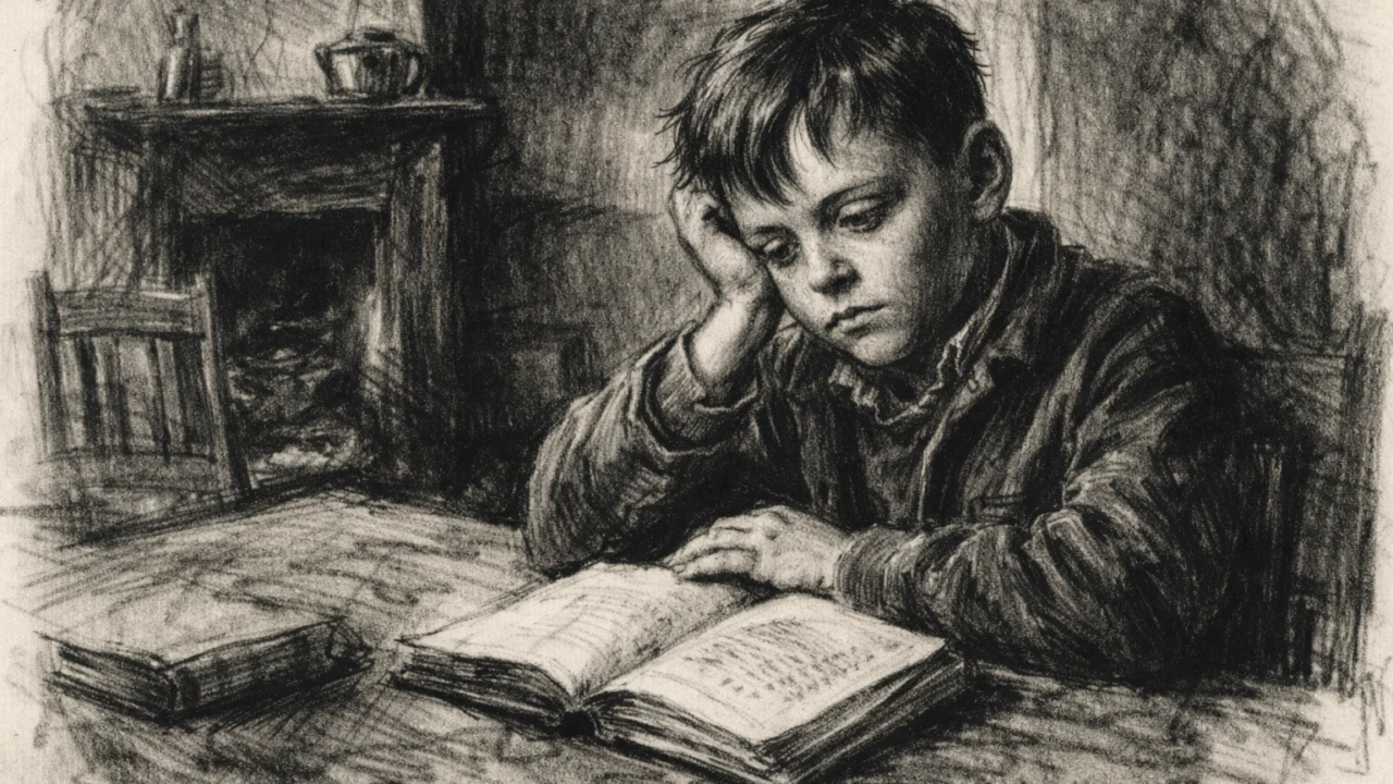 Prikaz djetinjstva Anthonyja Hopkinsa u ugalj stilu, crno-bijela scena iz skromnog doma u Walesu.