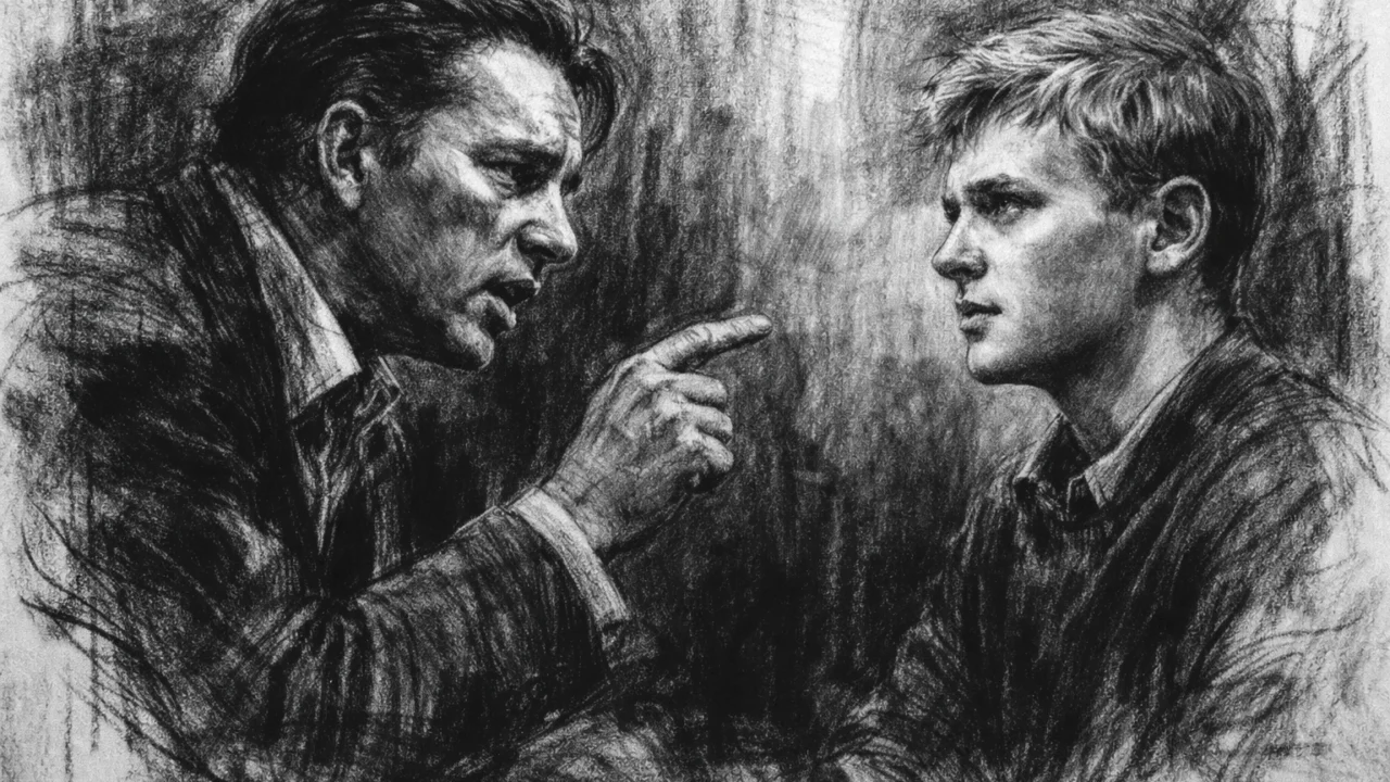 Susret mladog Anthonyja Hopkinsa i Richarda Burtona u ugalj stilu, crno-bijela povijesna scena.