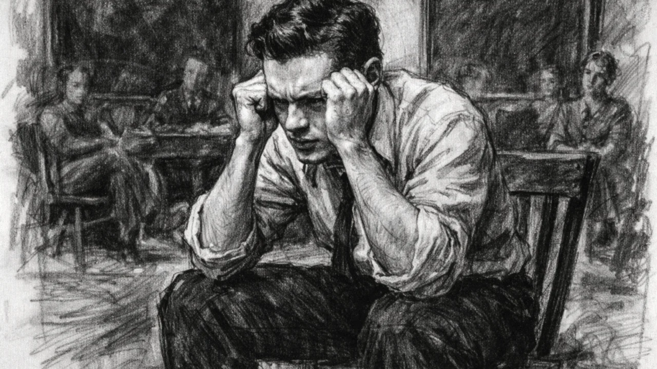 Anthony Hopkins kao student glume prikazan u ugalj stilu, crno-bijela umjetnička scena s fakulteta.