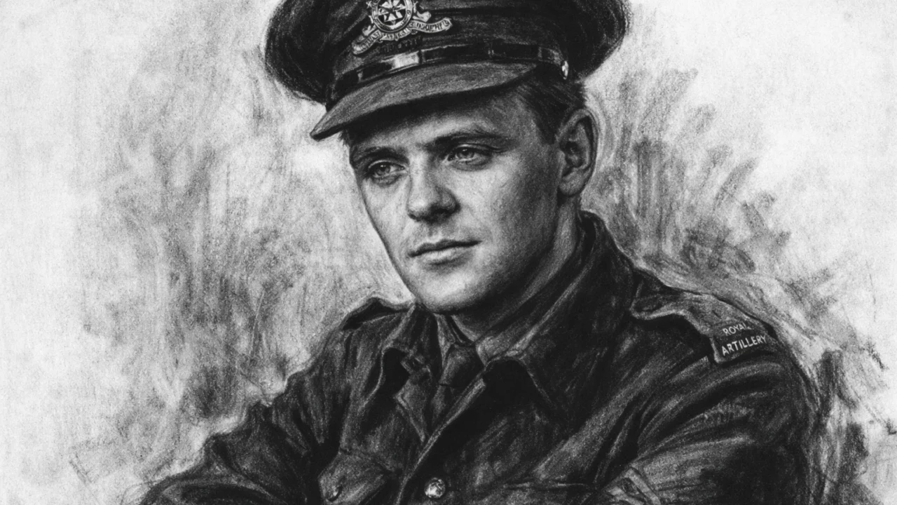 Anthony Hopkins u vojnoj službi prikazan u ugalj stilu, crno-bijeli portret s visokim kontrastom.