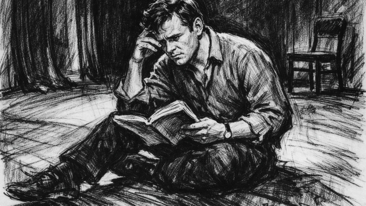 Anthony Hopkins na pozornici RADA-e u ugalj stilu, crno-bijela scenska ilustracija s dramatičnim sjenama.