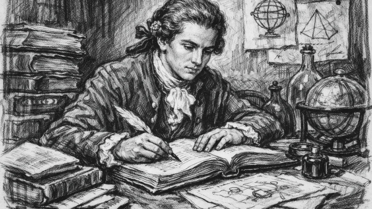 Mladi Antoine Lavoisier tijekom obrazovanja u Parizu, prikazan u uglj stil crtežu s knjigama i znanstvenim bilješkama.