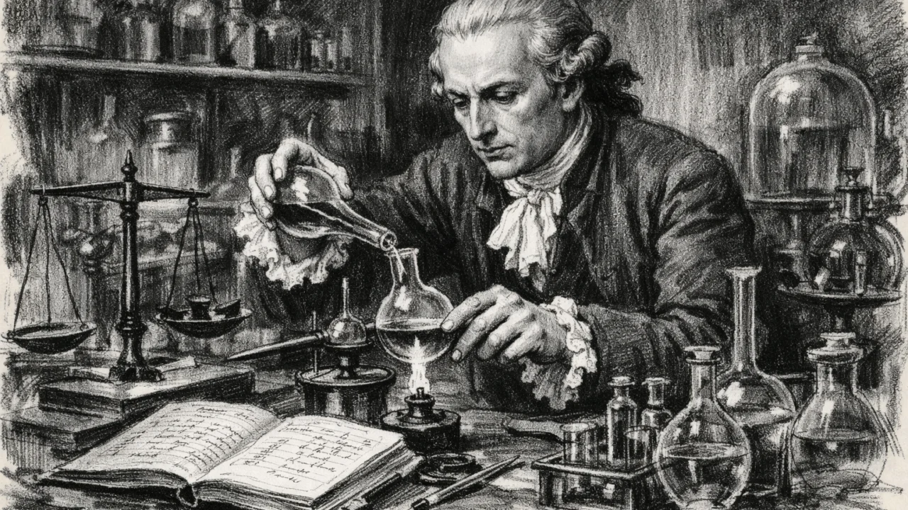Antoine Lavoisier u svom laboratoriju dok izvodi kemijske pokuse, prikazano u uglj stil tehnici s izražajnim kontrastom.