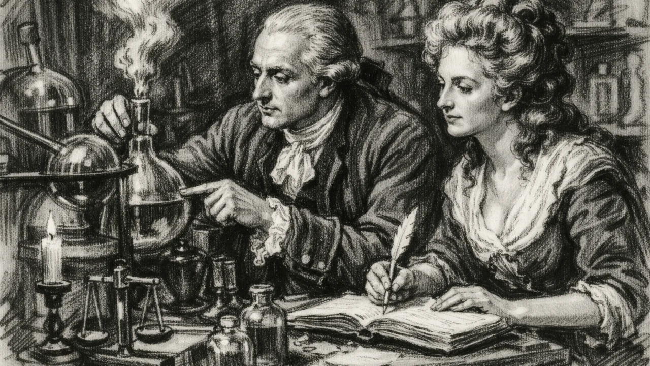 Antoine Lavoisier i Marie-Anne Paulze surađuju u laboratoriju, prikazani u uglj stil crno-bijelom crtežu.