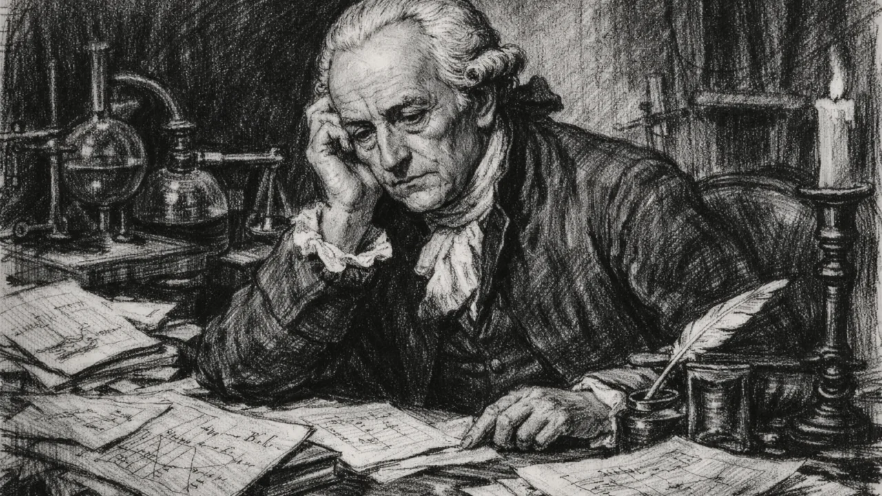 Zreli Antoine Lavoisier zamišljen za radnim stolom okružen rukopisima, ilustriran u uglj stil izražajnog kontrasta.