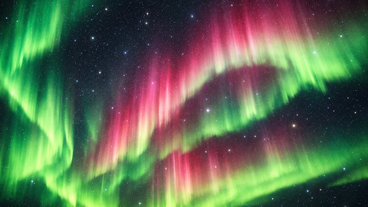 Detalji polarne svjetlosti s valovima zelenih i ružičastih boja na noćnom nebu