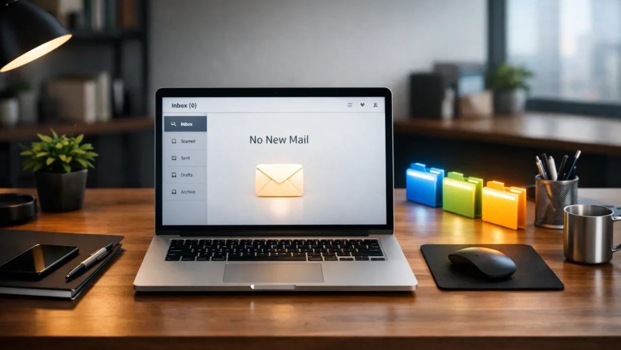 Uredski radni prostor s urednim inboxom i jasno filtriranim emailovima na laptopu, koncept automatskog filtriranja