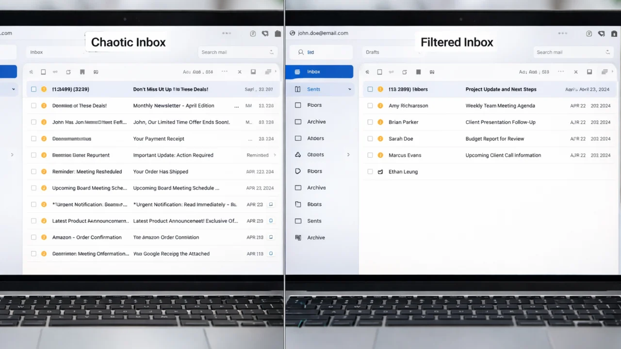Usporedba pretrpanog i filtriranog email inboxa koji pokazuje prednosti automatskog sortiranja poruka